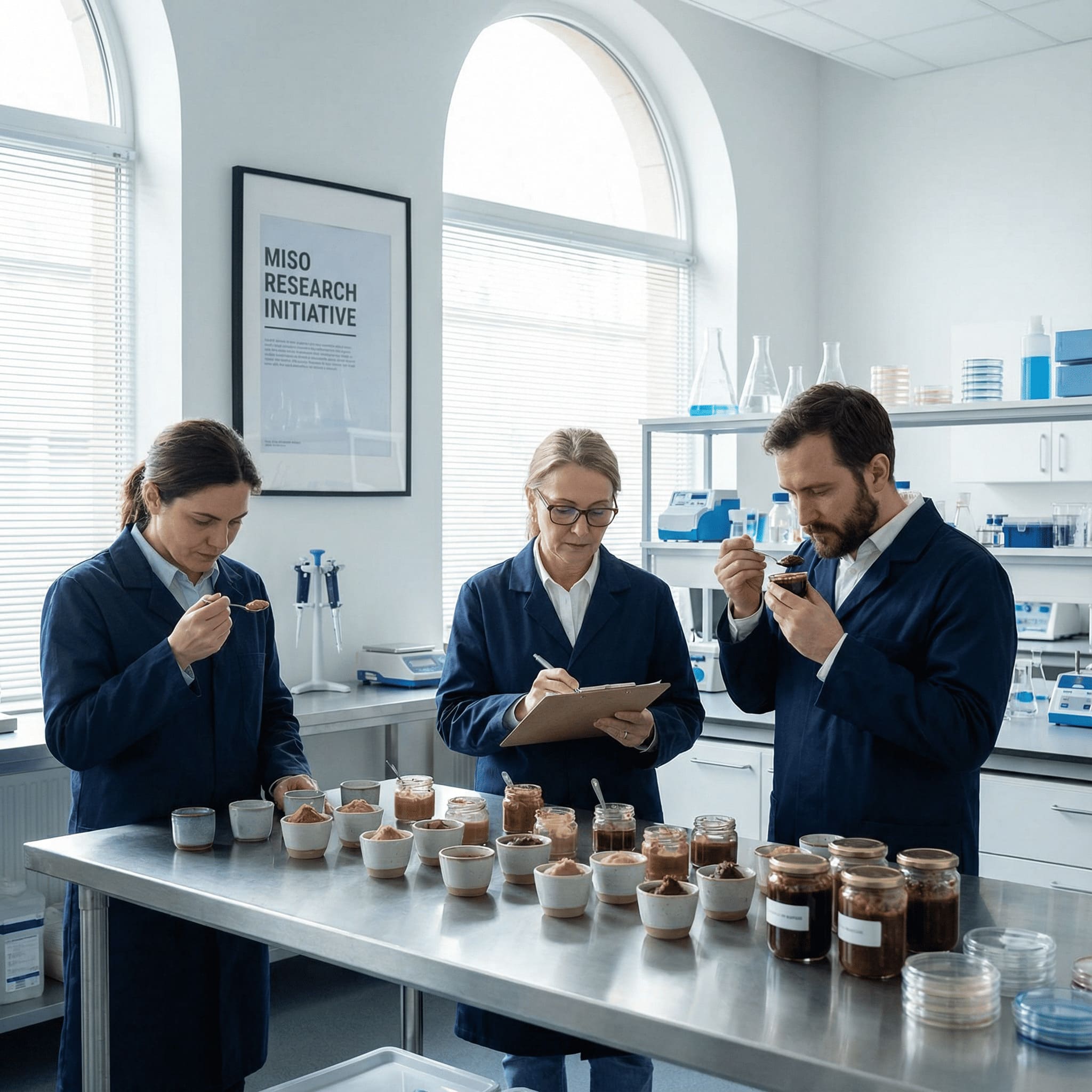 tasting session with scientists examining miso samples