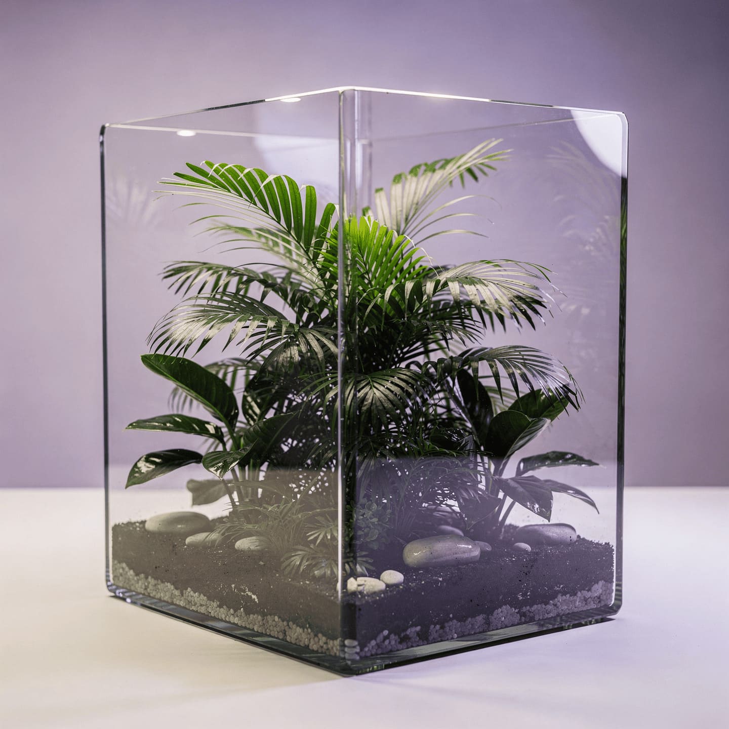 tropical theme terrarium with palm plants