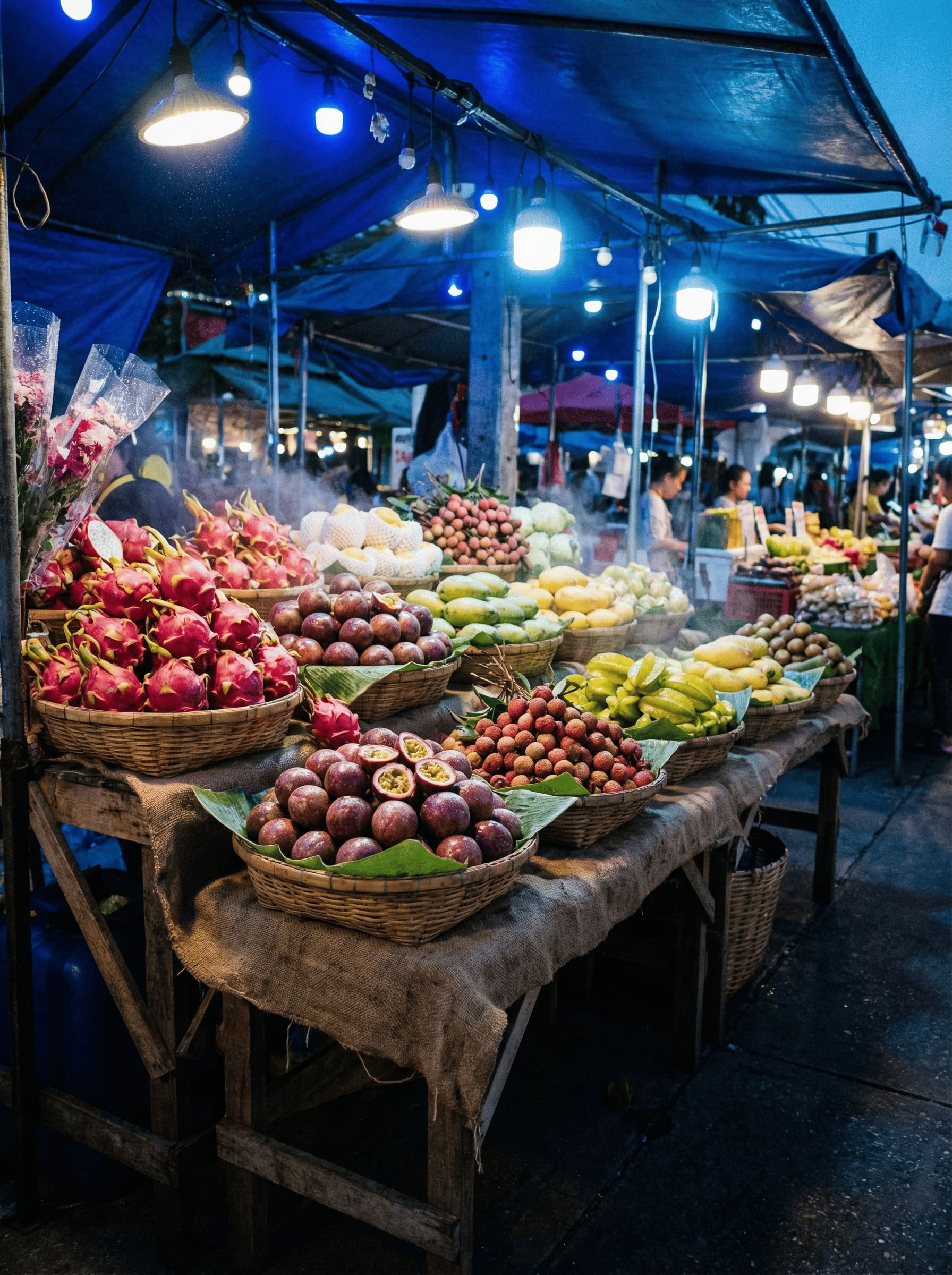vibrant exotic tropical fruits market display
