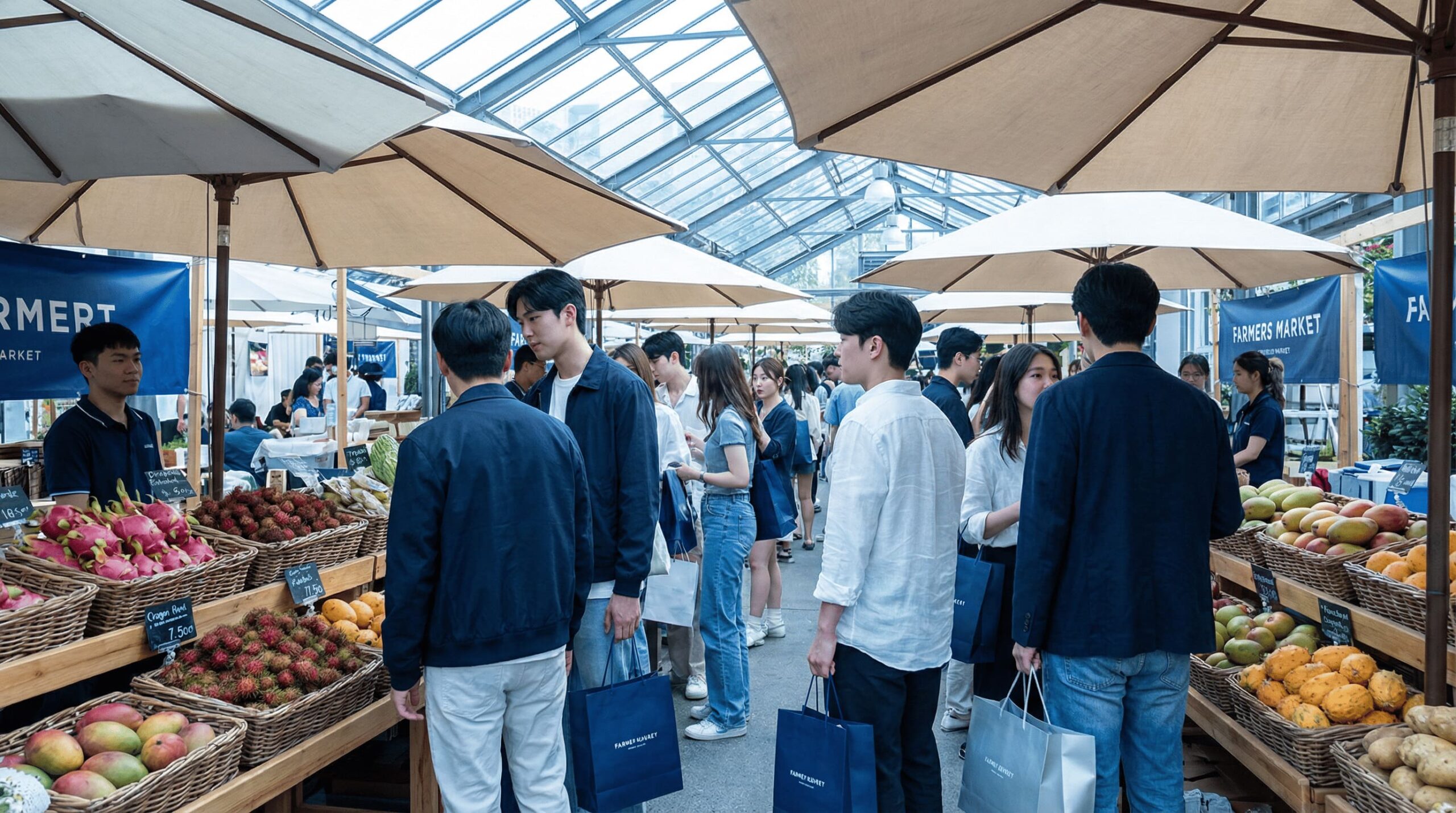 young millennials shopping for exotic fruits at modern farmers market