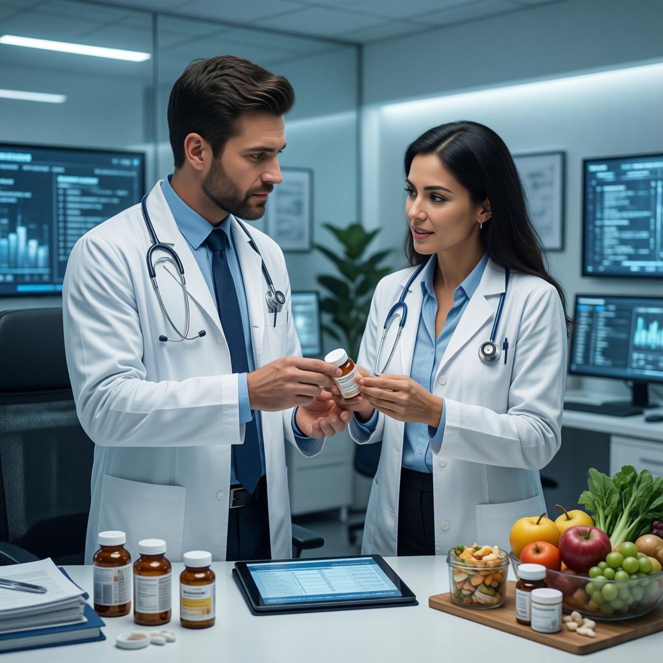 doctor pharmacist discussing medication interactions nutrition advice