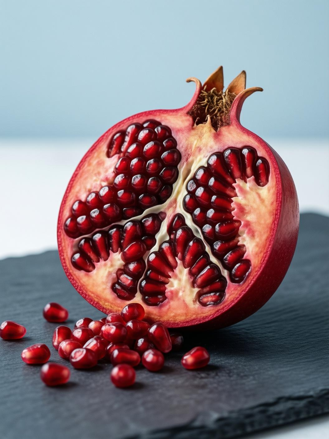 fresh pomegranate cut open showing ruby red seeds on dark stone surface with scattered seeds