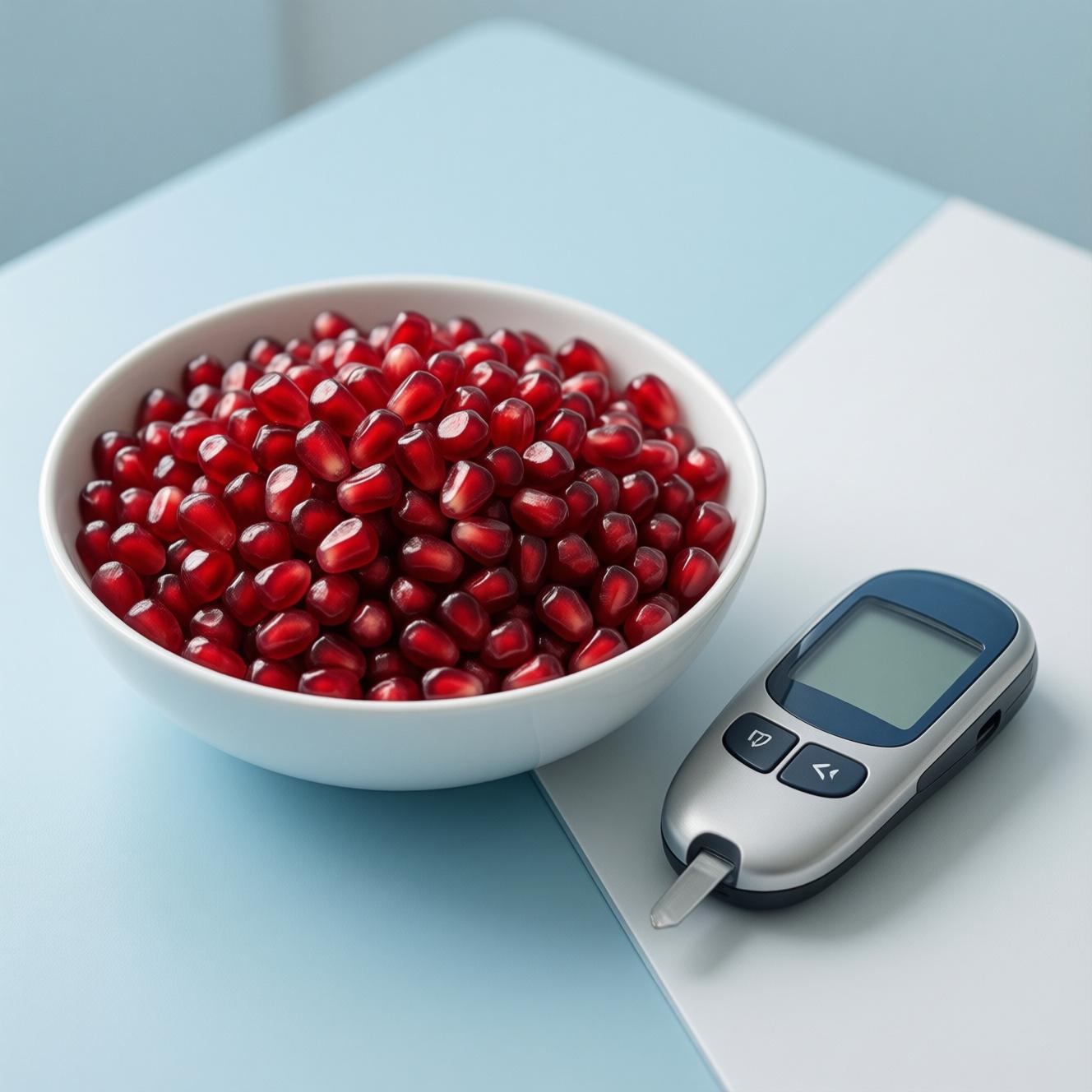 fresh pomegranate seeds in a bowl next to a glucose meter diabetes healthy eating